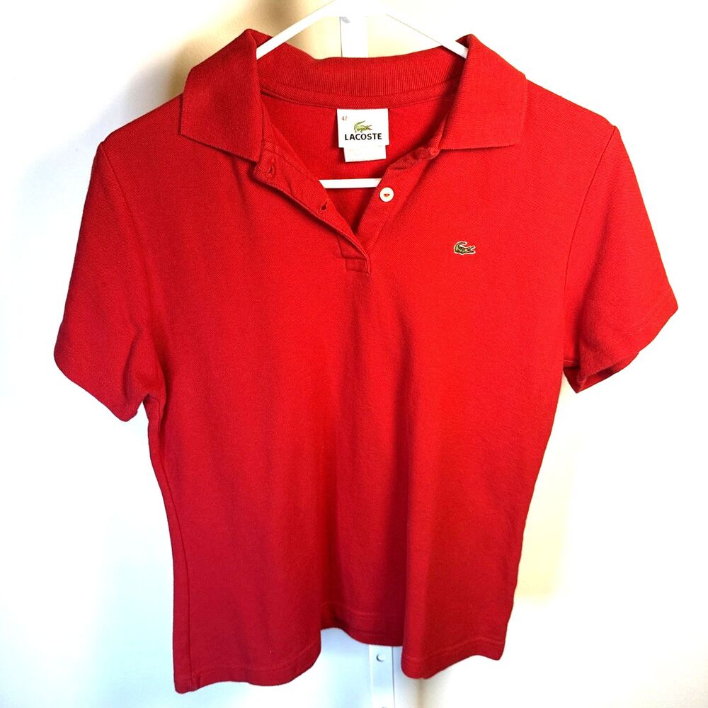 Lacoste Women's Red Solid Polo Shirt Size 42 Short Sleeve 100% Cotton Knit